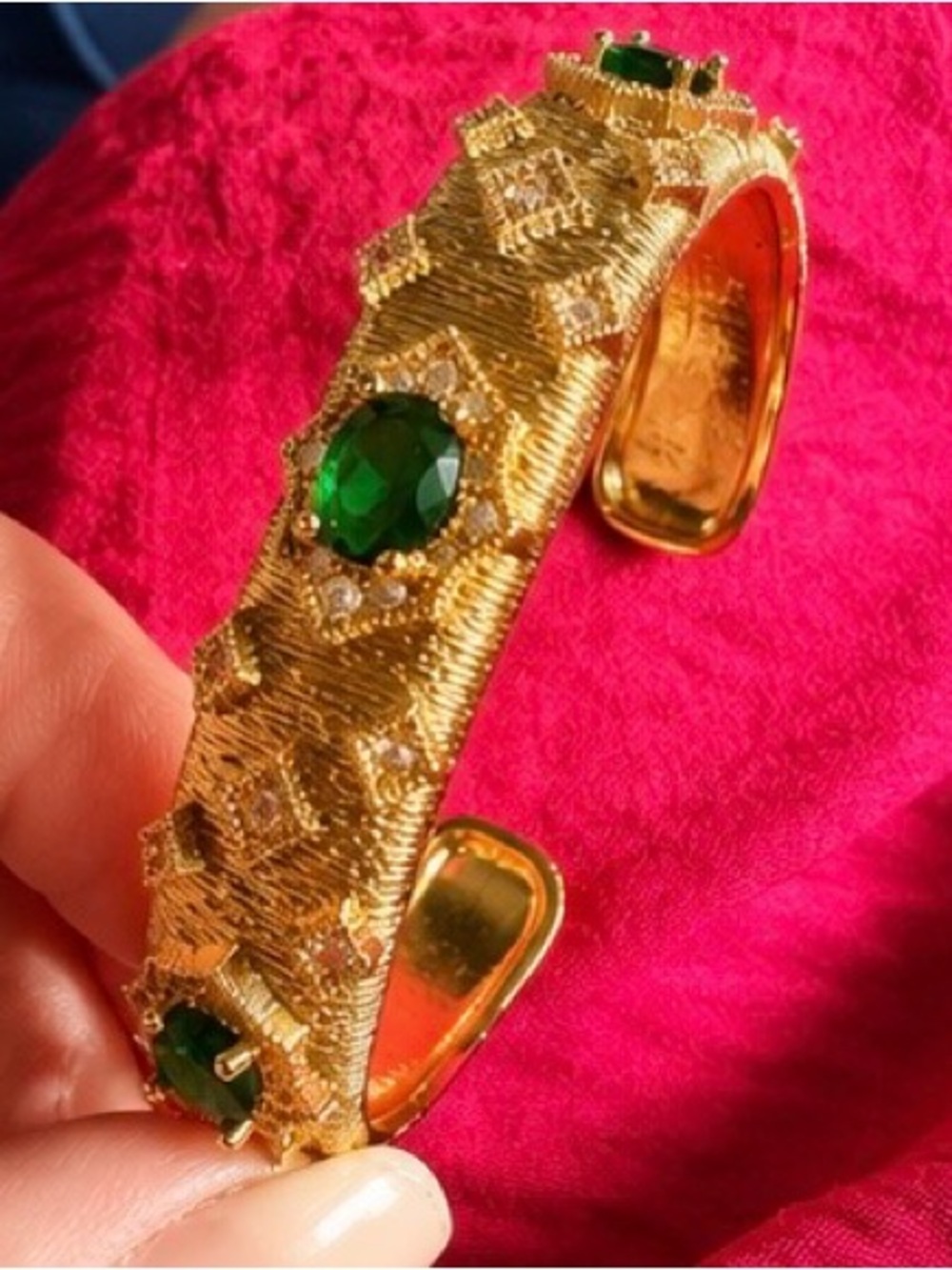 14kt Gold PVD Plated Cuff Bracelet with Green Gemstone Accent